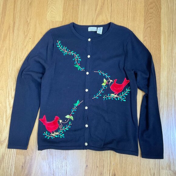 Classic Elements Sweater Cardigan Holiday Christmas Cardinal Black Red Multi (M) - Picture 4 of 7
